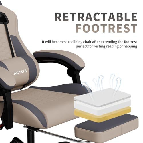 WOTSTA Gaming Chair with Massage,Ergonomic PC Gaming Chair with Footrest Comfortable Headrest and Lumbar Support, High Back, 300LBS (Grey)