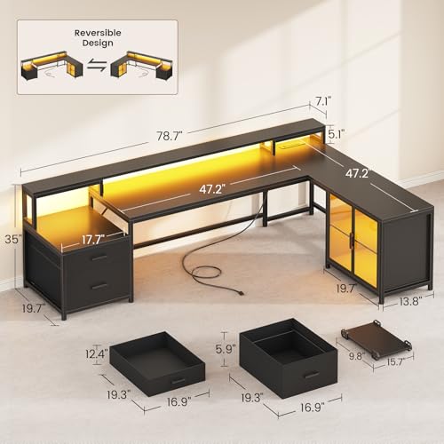SEDETA L Shaped Gaming Desk, 78.7” Large Computer Desk with Drawers and Power Outlet & LED Light, Corner Gaming Desk with Storage Shelves, Display Cabinet for Home Office, Black