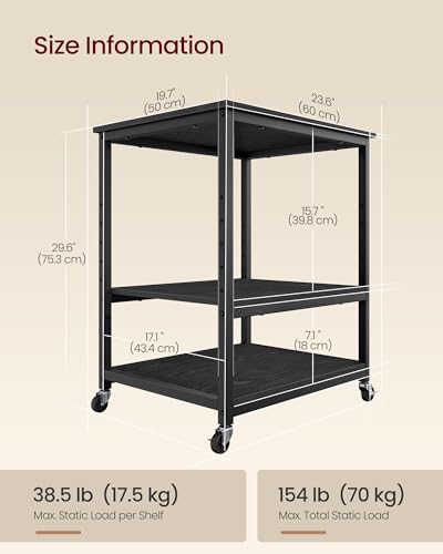 VASAGLE Printer Stand with Locking Wheels, Industrial Mobile Cart, Under Desk Printer Table for Home Office, 23.6 x 19.7 x 29.6 Inches, Storage Shelf, 3-Tier, Ebony Black