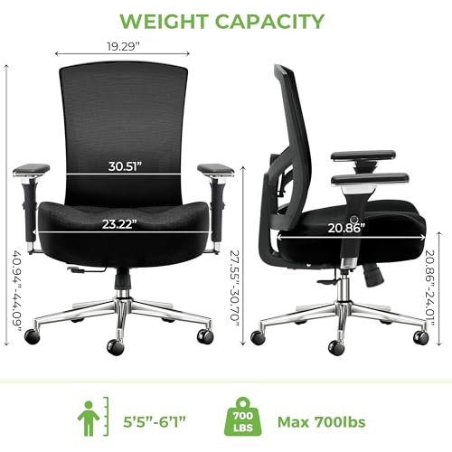 Big and Tall Office Chair 700lbs with Ergonomic W Wide Thick Seat Cushion, Oversized Mesh Desk Chair with Adjustable Lumbar Support, Computer Chair with Upgraded 4D Armrests