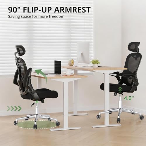 OHFILA Office Chair, Ergonomic Breathable Mesh,Flip-Up Arms and Adjustable High Back Lumbar Support,Comfy Computer Chair for Home Office (Black, 407)