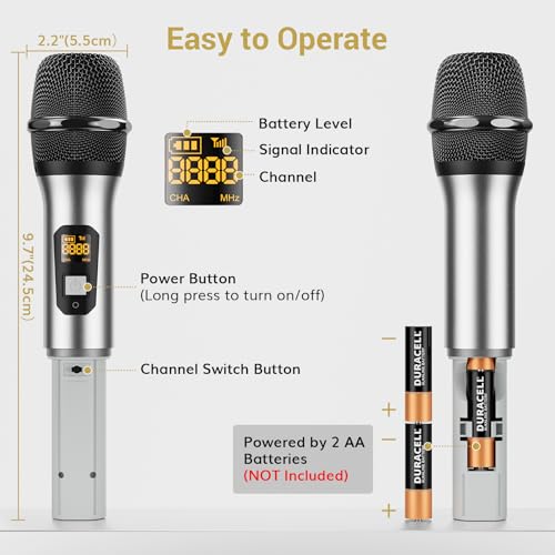 TONOR Wireless Microphones System, 2 * 15 Channel Metal Professional UHF Cordless Dynamic Handheld Mics with Receiver for Home Karaoke, Meeting, Party, Church, Wedding, KTV, 60 m/200ft, TW-820 Silver