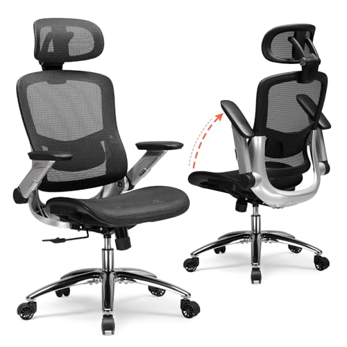 GTPLAYER Big and Tall Ergonomic Mesh Office Chair, High Back Home Desk Chair Computer Gaming Chair with Headrest, Flip-Up Arms, 90-125° Tilt Lock and Wide Cushion, Task Chair for Man Woman-Deep Black