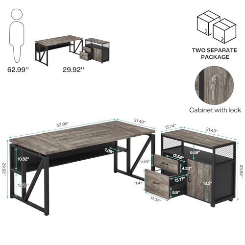 Tribesigns L Shaped Desk with Drawer Cabinet, 63" Executive Computer Desk and lateral File Cabinet, 2 Piece Home Office Furniture with Drawers for Hanging File, Doors with Locks (Gray, 63 inches)