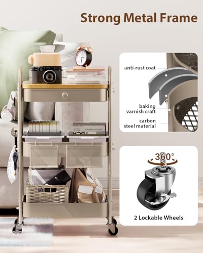 ALVOROG Rolling Cart with Drawer and Wood Table Top, 3 Tier Metal Rolling Utility Cart on Wheels with DIY Pegboards, Hanging Baskets, Hooks for Kitchen, Bedroom, Office, Craft Supplies