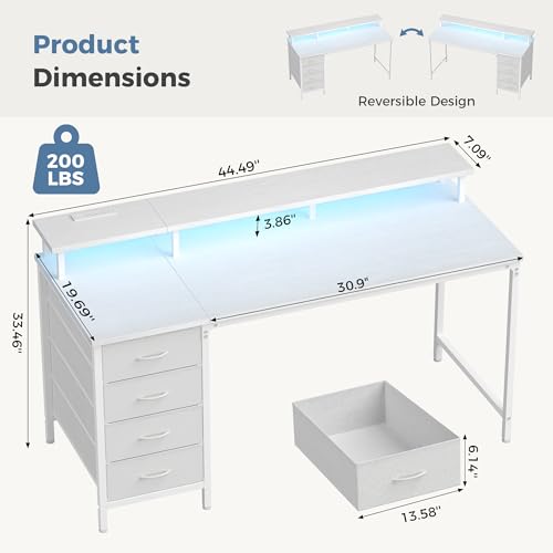 DUMOS 47 Inch Computer Desk 4 Drawers Gaming Desk Power Outlets LED Lights Office Workstation Small Spaces Monitor Shelf Writing Table Home Office Bedroom Study White
