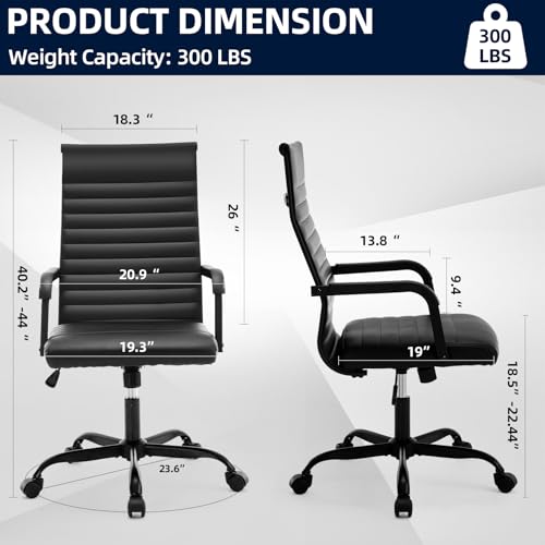 Haranuo Office Chair, Ergonomic Executive Conference Room Chairs, Ribbed Leather Desk Chair with Lumbar Support, Adjustable Height Mid-Back Swivel Chair with Padded Seat and Square Tube Armrests