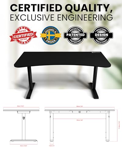 Arozzi Arena Large Gamer Desk - 63x32” Adjustable Height PC Gaming Desk With Storage For Cables & Triple-Monitor Support - Full-Surface Washable Mousepad - Pure Black