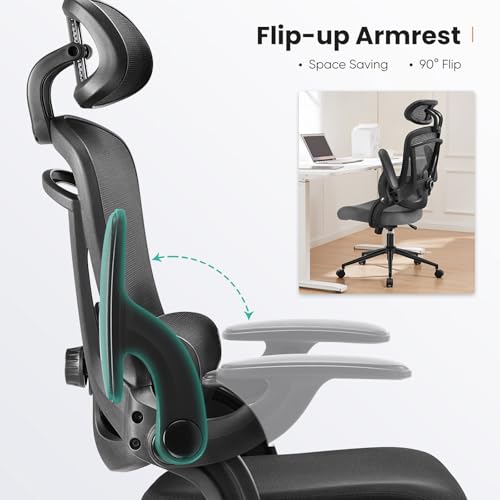 Sweetcrispy Office Ergonomic Desk Chair, 300 LBS Home Mesh Chairs with Wheels, 2D Headrest, Up&Down Lumbar Support, Swivel High Tall Back Computer with Flip-up Armrests, Dark Black