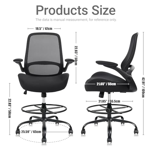 HYLONE 400lbs Big and Tall Heavy Duty Drafting Chair 5" Thickened Seat Tall Office Chair Flip-Up Armrests Ergonomic Chair with Lumbar Support and Adjustable Footrest Ring Standing Desk Chair (Black)