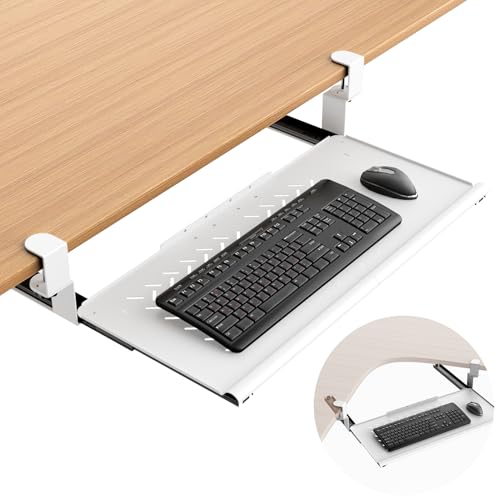 Strifuture Keyboard Tray Under Desk - Full Metal Slide Out Holder, Rust-Resistant & Scratch-Proof, Double C-Clamps, 26x13" Tray for L Shape/Regular Desks, Standing/Sitting Workstation(White-A)