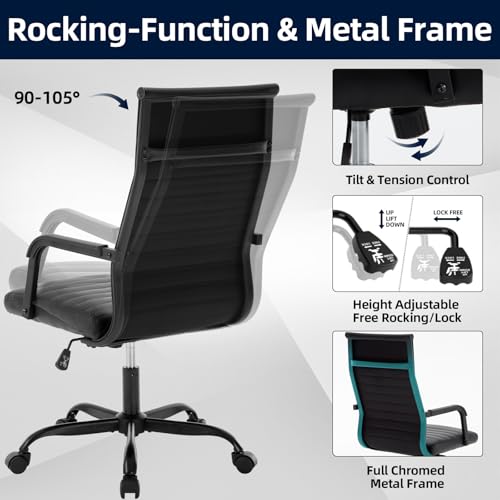Haranuo Office Chair, Ergonomic Executive Conference Room Chairs, Ribbed Leather Desk Chair with Lumbar Support, Adjustable Height Mid-Back Swivel Chair with Padded Seat and Square Tube Armrests