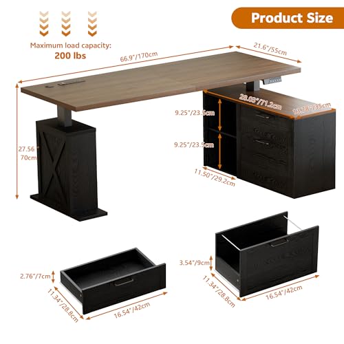 Homiflex 67" L Shaped Standing Desk with Drawers, Electric Height Adjustable Corner Desk, Sit Stand Office Desk with 4 AC Outlets & Type C Port, Executive Computer Desk with Cabinet, Brown & Black