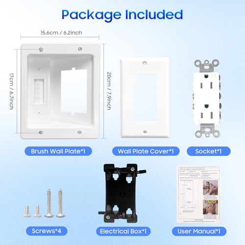 Recessed Outlet Box in Wall Cable Management Kit, Hide Cables Behind The Wall, Cable Pass Through Wall Plate Insert for TV HDMI Network Ethernet Home Theater Speaker Systems (White 6.2 * 7.9 inch)
