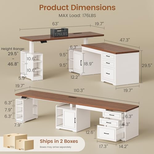 SEDETA Farmhouse L Shaped Electric Standing Desk, 63" x 67" Height Adjustable Home Office Executive Desk with Drawers, Standing Computer Desks with Power Outlet for Home Office, White+Brown