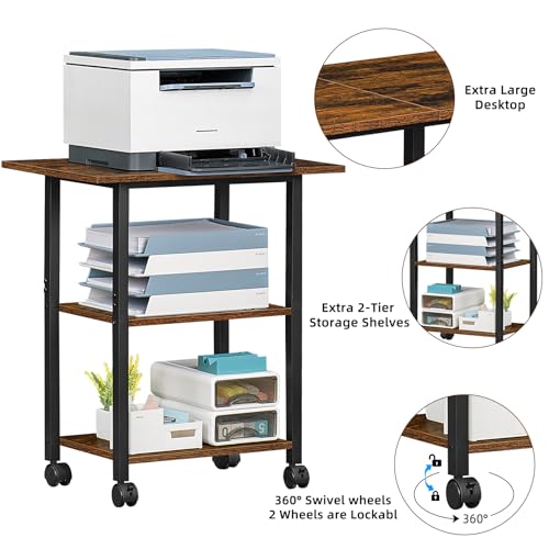 Lerliuo 3-Tier Printer Stand, Industrial Mobile Printer Table with Storage Shelf and Steel Frame, Rolling Printer Cart Holder with Lockable Wheels for Home, Office (Brown)