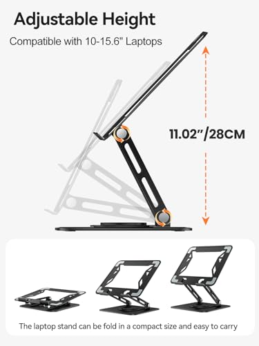 tounee Laptop Stand for Desk, Adjustable Computer Stand Holder with 360° Rotating Base, Ergonomic Laptop Riser Compatible with MacBook Pro Air, All Laptops 10-15.6"-Black