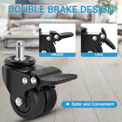 Nefish Office Chair Caster Wheels with Brake, 11mm, 2 Inch Heavy Duty Rubber Office Chair Wheel Replacement, Support 750lbs(Set of 5), Quiet Desk Chair Rollers, Safe for All Floors, Universal Fit