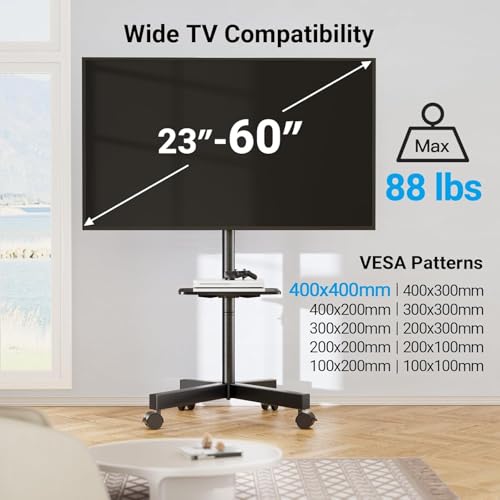 PERLESMITH Rolling TV Stand, Mobile TV Stand for 23-60 Inch LCD LED TVs, Tilt TV Stand Wheels Holds up to 88Lbs, Portable TV Stand for Bedroom with Shelf, Outdoor TV Stand Max VESA 400x400mm PSTVMC06