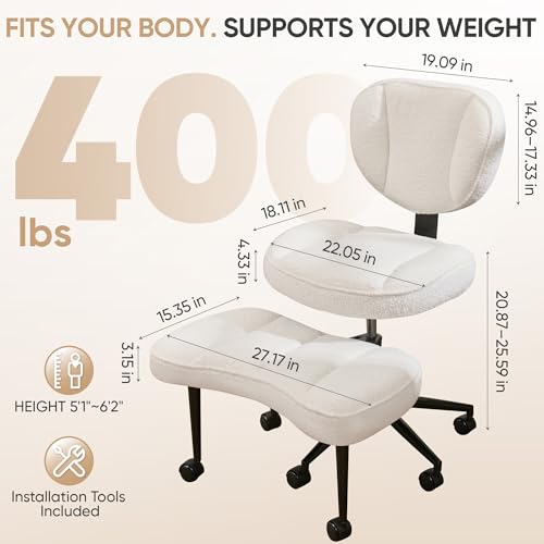 EGSEAT Criss Cross Office Chair with Wheels, Adjustable-Height Backrest & Swivel Footrest, Ergonomic Cross Legged Chair with Leg Rest for Kneeling Meditation Yoga ADHD, Beige Teddy Fleece