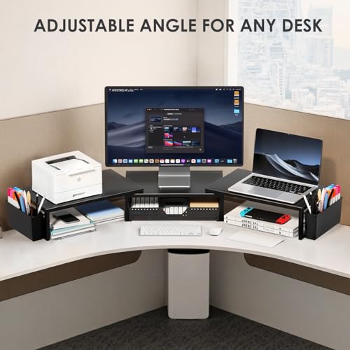 OPNICE Desk Organizers and Accessories, Dual Monitor Stand Riser with Drawer and 2 Pen Holders, Desk Shelf Metal Computer Racks for Office Workspace Organizers, Desktop Organization (Black Metal)