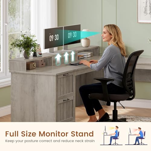 SEDETA 63" L Shaped Desk with Drawers, Farmhouse Corner Computer Desk, Wood Office Desk with File Drawers with Storage, Executive Desk with Monitor Stand and Storage Cabinet, Grey