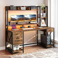 DWVO Computer Desk with Drawers & Hutch, 59.1" Office Desk with Power Outlets & LED Lights, Home Office Desk with Storage Shelves, Rustic Brown