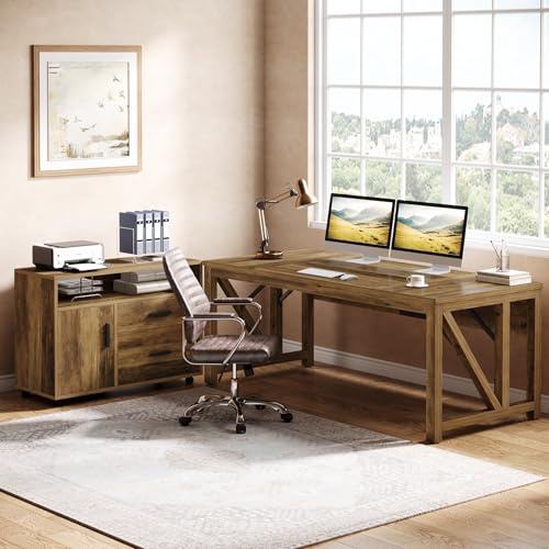 Tribesigns 63" L Shaped Executive Desk & 39" File Cabinet Set, Corner Computer Desk with Ample Storage, Large Industrial Retro Office Desk with Drawers & Shelves, for Home & Business, Rustic Brown