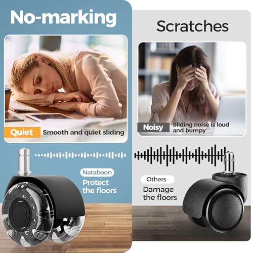 2 Inch Office Chair Wheels(Set of 5)-Heavy Duty Rubber Casters for Hardwood & Carpet, 2200lbs Capacity Universal Fit Smooth Rolling Casters Replacement Black