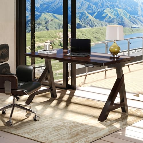FLEXISPOT WoodiX 63 x 30 Inch Solid Wood Standing Desk, Premium Mid-Century Modern Executive Desk, Dual Motor Sit-Stand Workstation with Cable Management, 220 LBS, Walnut