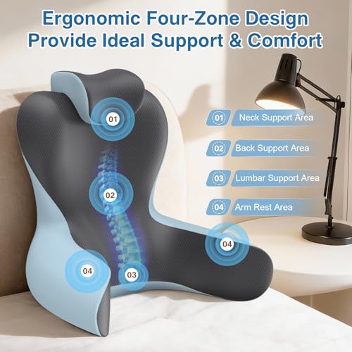 Reading Pillow for Sitting in Bed,22" H Back Support Pillow for Sitting up,Back Rest & Lumbar Support Pillows with Arms, Bed Rest Chair Cushion,Chaise Lounges Reclining,Gaming,Work,Resting(Grey&Blue)