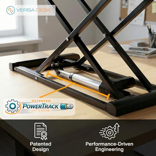 VERSADESK EvoLift 32" Electric Standing Desk Converter, Sit to Stand Motorized Desk Riser, 1-Button Easy Lift, Dual Monitor Workstation, Wide Keyboard Tray, Built-in Device Stand, Black