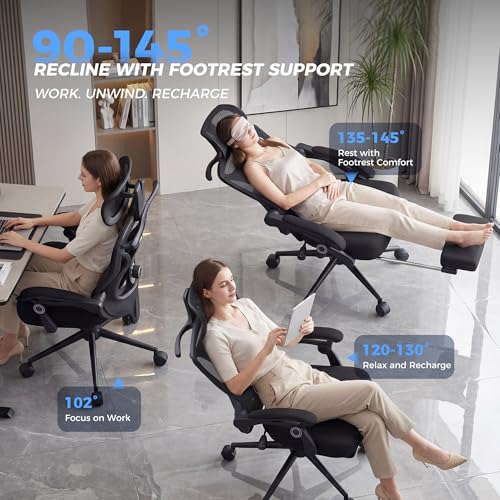 Ergonomic Office Chair with Footrest - Adjustable Lumbar Support & Headrest, 90-160° Reclining Mesh Back Computer Chair - Home Office/Gaming, 350lbs Capacity