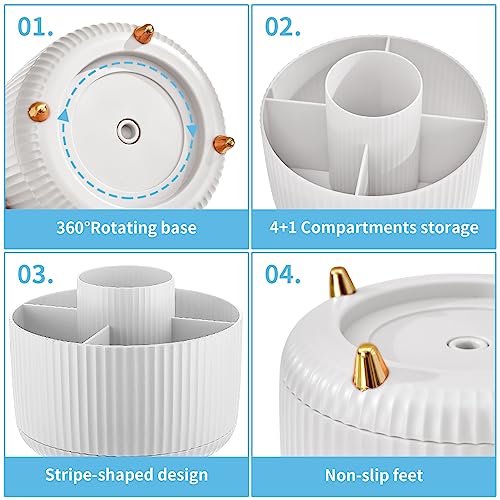 Marbrasse Desk Organizer, 360-Degree Rotating Pen Holder, Desk Organizers and Accessories with 5 Compartments Pencil Holder, Art Supply Storage Box Caddy for Office, Home（White）