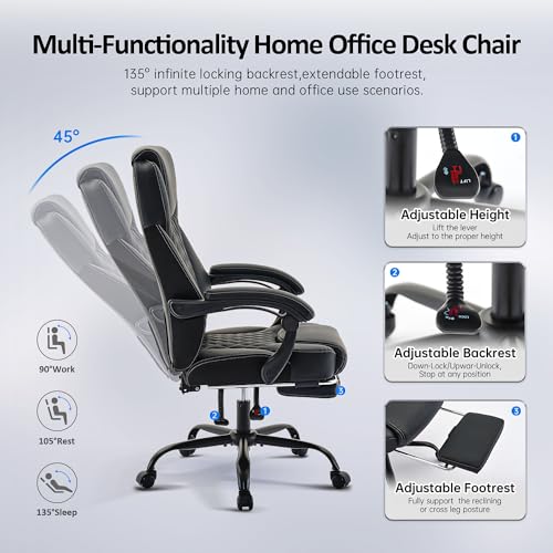 amseatec Big and Tall Office Chair with Footrest, Ergonomic Leather High Back Computer Chair Infinite Lock Reclining 90°-135°,20 Spring Packs,300lbs Executive Desk Chair for Home Office（Black）