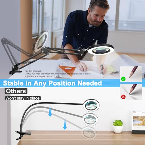 Coyeth 10X Magnifying Glass with Light and Clamp, Real Glass Stand Lighted Magnifier, 5 Color Modes Stepless Dimmable LED Desk Lamp Hands Free for Crafts Hobby Reading Painting Sewing Close Work