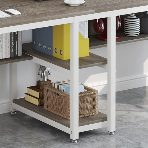Tribesigns Two Person Desk with Bookshelf, 78.7 Computer Office Double Desk for Two Person, Rustic Writing Desk Workstation with Shelf for Home Office (Gray/White)