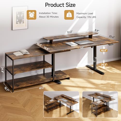 ONBRILL L Shaped Standing Desk with File Cabinet, 63x24'' Electric Stand Up Desk with Monitor and Storage Shelf, Adjustable Height 28-46'' for Home and Computer Workstation, Rustic Brown