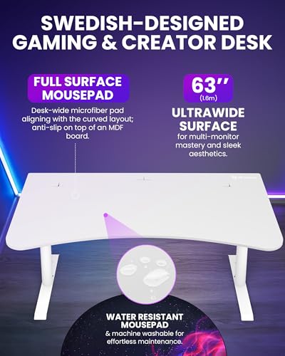 Arozzi Arena Large Gamer Desk - 63x32” Adjustable Height PC Gaming Desk with Storage for Cables & Triple-Monitor Support - Full-Surface Washable Mousepad - Pure White