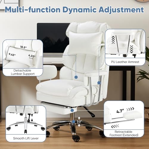 DUMOS Home Office Desk Executive Chair - Ergonomic Big Tall High Back with Footrest & Lumbar Support, Reclining Height Adjustable, Comfy PU Leather Computer Gaming with Swivel Wheels, White