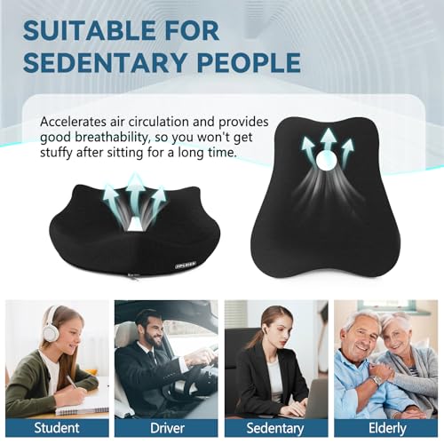 JIPORIER Seat Cushion & Lumbar Support Pillow for Office Chair,Memory Foam Chair Cushions for Tailbone Pain, Non-Slip Back Support for Desk,Gaming Chair,Wheelchair, Breathable & Machine Washable