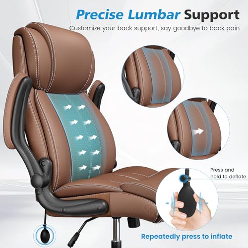 Stella Mia Ergonomic Office Chair – High Back Leather Desk Chair with Adjustable Lumbar Support & Flip-Up Arms, Premium Padded Seat for Home Office Desk, Brown