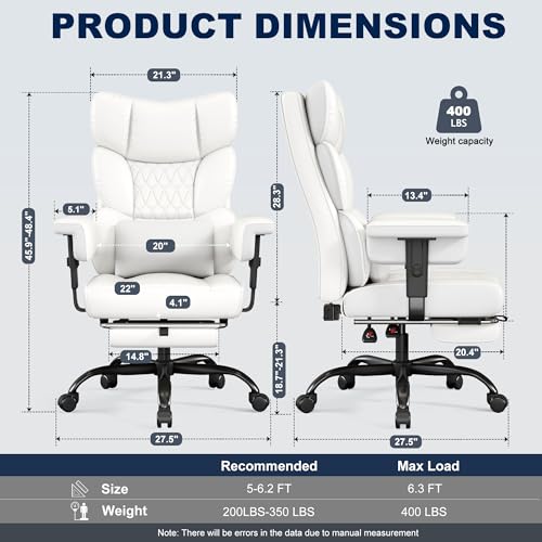 Misolant Big and Tall Office Chair with Footrest, High Back Executive Desk Chair with Adjustable Lift Armrest, 155°Recline，Lumbar Support Pillow, Faux Leather Gaming Chairs for Home or Office