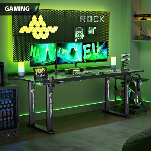 Klobel 71" Gaming Standing Desk for Gamers & Streamers, 4-Leg Electric Sit Stand Desk with LED Lights, Flip-Top Cable Management, Stable Computer Desk with Wheels