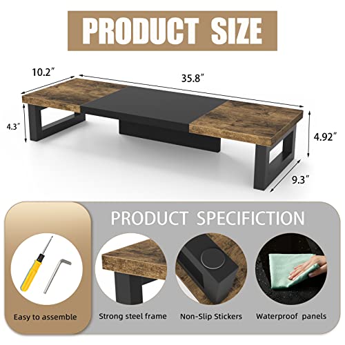 WESTREE Dual Monitor Stand Riser, Wood and Steel Multi-Purpose Desktop Storage Stand for 2 Monitors for Computer, Laptop, Printer, TV, Rustic Brown