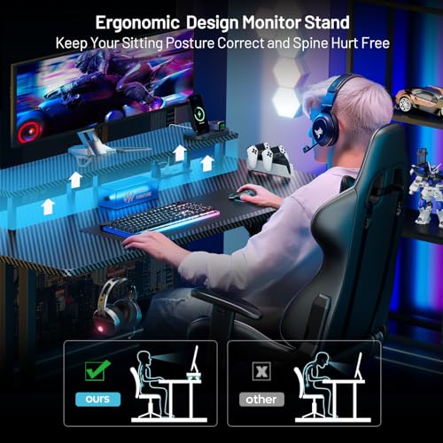 HLDIRECT 47 Inch Gaming Desk with 5 Sockets & LED Lights, Computer Gamer Desk with Monitor Stand, Ergonomic Carbon Fiber Gaming Table Home Office Desk with Cup Holder, Headphone Hook & Mouse Pad