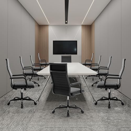 Haranuo Office Chair, Ergonomic Executive Conference Room Chairs, Ribbed Leather Desk Chair with Lumbar Support, Adjustable Height Mid-Back Swivel Chair with Padded Seat and Square Tube Armrests