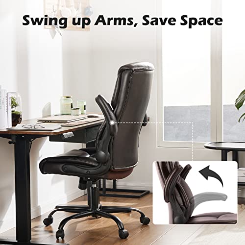 DUMOS PU Leather Office Chair - Ergonomic Executive Computer Desk Chairs with Adjustable Flip-up Armrest, Swivel Task Chair with Lumbar Support, Strong Metal Base,Dark Brown