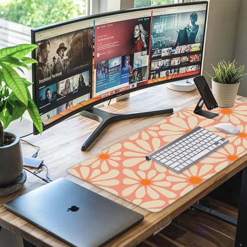 iCasso Desk Mat, Desk Matt for Desktop, Cute Desk Pad Mat, XXL Large Mouse Pad for Desk, Anti-Slip Big Mousepad with Stitched Edges, Keyboard Pad Mouse Mat for Computer, Work, Gaming (Orange Floral)