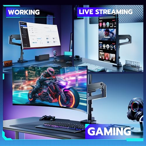 ARES WING Single Monitor Arm Desk Mount for 17-49 Inch Ultrawide Monitors, Heavy Duty Single Monitor Arm Holds 44 lbs, Full Motion Gas Spring Vertical Desk Mount, 75/100 VESA Mount, Black
